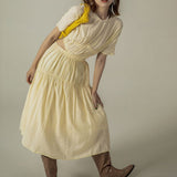 TWOTWINSTYLE Cut Out Yellow Dress For Women Round Neck Short Sleeve High Waist Solid Minimalist Summer Dresses Female