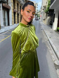Casual Green Velvet Puff Sleeve Skater