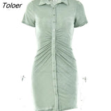 Pleated Turn-Down Collar Button Women Dress Green Sexy Long Sleeve Mini Dresses Fashion Female Streetwear Vestidos