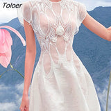 Flower Mini Dress Woman White Lace 2023 Summer Vacation Elegant Dress Bodycon Street Flying Sleeve A Line