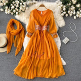 VAREY LIN New Summer Holiday Style Dress Women Casual V-neck Embroidery Girdle Dress Lady Fashion A-line Long