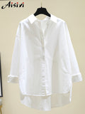 Spring Women's Oversized White Cotton Shirts Women Long Sleeves Loose Tops Plus Size Green Elegant Casual Blouse Blue