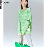 Women Sweatshirts 2022 Spring Long Sleeves O Neck Loose Hoodies Matcha Green Striped Chic Casual