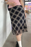 Vintage 90s Plaid Skirt Women Summer 2023 Korean Style Casual Mesh Print High Waist Slim Midi Skirt Girl Y2k