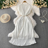 Temperament Heavy Industry Pearl Wood Ear Round Collar Dress Women's Summer New Waist Thin 100 Folded Long