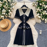 Retro Trendy Polo Collar Short-Sleeved Dress Women's Summer Metal Buckle Waist Thin Knitted
