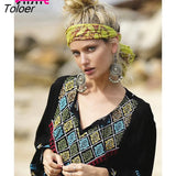 Women T-Shirt Top Sexy Long Sleeve Boho Embroidery Tassel V-neck Hippie Chic Loose Blusas Feminino Tops 2023