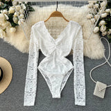 Sexy Lace Playsuits Women V Neck Long Sleeve Slim Short Rompers Fashion Women Perspective Backless Party