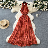 Retro Style High-End Dye Hanging Neck Sleeveless Dress Women Summer Waist Design Beautiful Swing