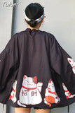 2023 Japanese Kimonos Cat Print Cardigan Harajuku Loose Kimono Pink Blouses feminino Outerwear Shirts Women Coats