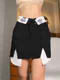 Grunge Y2k Black Mini Skirt Women Chic Flanging Printed High Waist Irregular Patchwork Split Pencil Skirt Streetwear