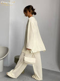 Fashion Loose 2 Piece Pants Set Women Casual Long Sleeve T-Shrit Matching Wide Trousers Suit Vintage High Wasit Pant