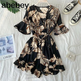 Women Rompers casual wide leg pants overalls short sleeve v neck solid playsuits summer beach chiffon ruffle