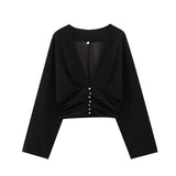 Decorative Short Top 2025 Spring Women's Long-Sleeved V-Neck Buckle Short