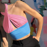 Sexy Casual Blue Y2K Halter Women Skinny Mini Crop Tops 2021 Summer Vest Club Tank Tops Off Shoulder Chic T Shirt