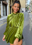 Casual Green Velvet Puff Sleeve Skater