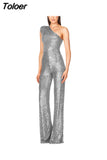 Women Elegant Long Jumpsuits Slanted Collar Party 2023 Sexy Glitter Sequin Club Playsuits Fashion Backless Solid