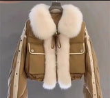 Winter Warm PU Leather Coats Faux Fox Fur Jacket Big Fur Collar Short Jacket Fashion Black Cotton Padded Lady Down