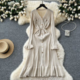 Scented Dress Women's Autumn And Winter Set High-End Feeling V-Neck Metal Buckle Slimming Lotus Leaf Side Knitting