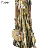 Women Sundress Long Maxi Dresses Female Summer Casual Dress O Neck Tie Dye Short Sleeve Large Hem Maxi Dress Streetwear