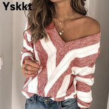 Women's Geometric Printed V Neck Long Sleeve Sweaters Autumn Winter Knitted Sweater Pullover