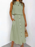 Casual White Solid Women Skirt Set Sleeveless Crop Tops And Button Pockets Long Skirts Ladies Suit Summer Beach Style