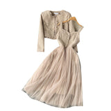 And Winter Small Fragrant Style Set Of Women's Short Cardigan Coat + Sling Net Yarn Dress Two