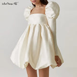 Puff Sleeves Ladies Party Black Dress Evening Chic Square Collar Ball Gown Womens Satin Dresses Short Pleated