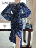 Print Floral Dress For Women Round Neck Long Sleeve High Waist Asymmetrical Hem Midi Dresses Female Clothing