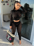 Hollow Out Two Piece Set Women Sexy Long Sleeve Hole Crop Top and See Through Pencil Legging Hipster Co Ord