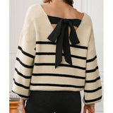And Winter New Striped Hit-Colored Sweater Women Loose Bow Tie With Knitted