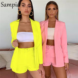Casual Blazer Pant Suits Long Sleeve Women Two Piece Set White Pink Yellow Summer Autumn 2 Piece Shorts