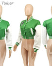 White Color Block Splice Baseball Coat Women Casual Single-breasted Full Sleeve Jacket Active Wear Running Cropped
