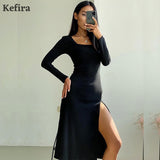 2022 Sexy Square Neck A Line Midi Dress Women Spring Kintted Long Sleeve Basic Street Vintage Khaki Split Party