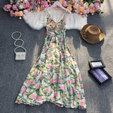 New Summer Fashion V-neck sleeveless off shoulder Dress high waist pleated waist print mid-length A-line