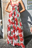 Slim Print Long Dress For Women Camisole Square Collar Sleeveless High Waist Streetwear Dresses Female Style 2023