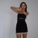 Y2k Strapless Sexy Dress for Women Bow Lace Patchwork Summer 2023 Cute Black Slim Backless Short Dresses Party