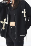 Y2k Grunge Sweater Cardigan Women Korean Streetwear Autumn Loose Black Goth Long Sleeve Top Button Knitted Sweater