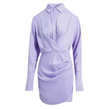 Ruched Irregular Dress For Women Lapel Long Sleeve High Waist Solid Minimalist Mini Dresses Female Autumn