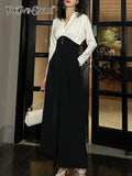 Elegant Jumpsuit For Women V Neck Long Sleeve Patchwork Colorblock Loose Wide Leg Pants Female Clothing Fashion