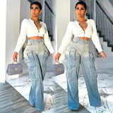 Women's Tie Jeans Women's Fashion High-Waist Multi-Pocket Gradient Wide-Legged