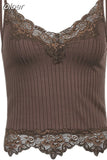 Lace Patchwork Brown Crop Top Y2k Clothes Fairy Grunge Style Cropped Tees Cami Ribbed Knitted Tank Tops