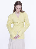 Fashion Women's Irregular Shirt V-neck Cross Bandage Waist Long Sleeve Blue White Yellow Thin Blouse Summer 2023 New