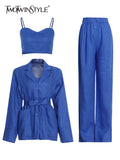 Blue Three Piece Sets For Women Sexy Camis Notched Long Sleeve Belt Shirt High Waist Pants Slim Sets Female