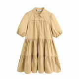 New Lapel Button Solid Color Wide Pendulum Cotton Dress 2648202-Outfit