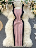 Women's Knitting Sheath Letters Tank Dress Female Bodycon Knitted Camisole Sleeveless Patchwork Mini Dresses For