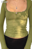 Women's Long Sleeve Top Basic Slim Fitted T-Shirt Spring Square Neck Y2k Crop Top Lace Tee Streetwear Female Pullovers T