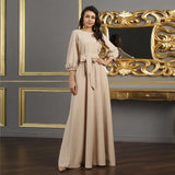 Women Elegant Long Dress O Neck Long Sleeve Lacing Full Length Dress Simple Solid Office Lady Party Night Evening Dress