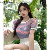 Woman Tshirts O-neck Short Sleeve Knitted Tees Tops Mujer 2023 Shirts for Women Korean Sweet Tunic Knitwear