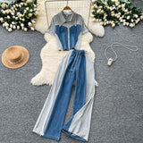 Dress A Complete Set Of Women's Casual Retro Lap-Fleeled Fake Two Short-Sleeved Tops High-Waisted Spliced Denim Broad-Legged